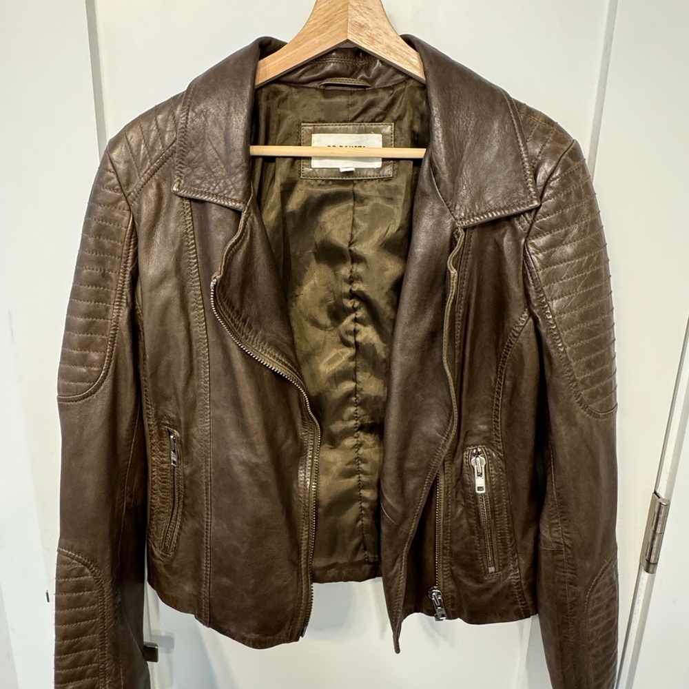 BB Dakota Brown Leather Moto Jacket with Quilted Sleeves